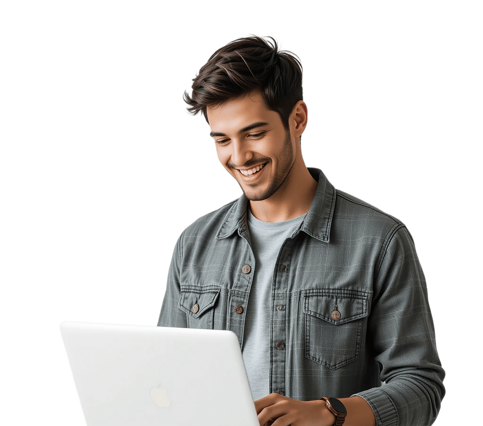 A person smiling while working on a laptop