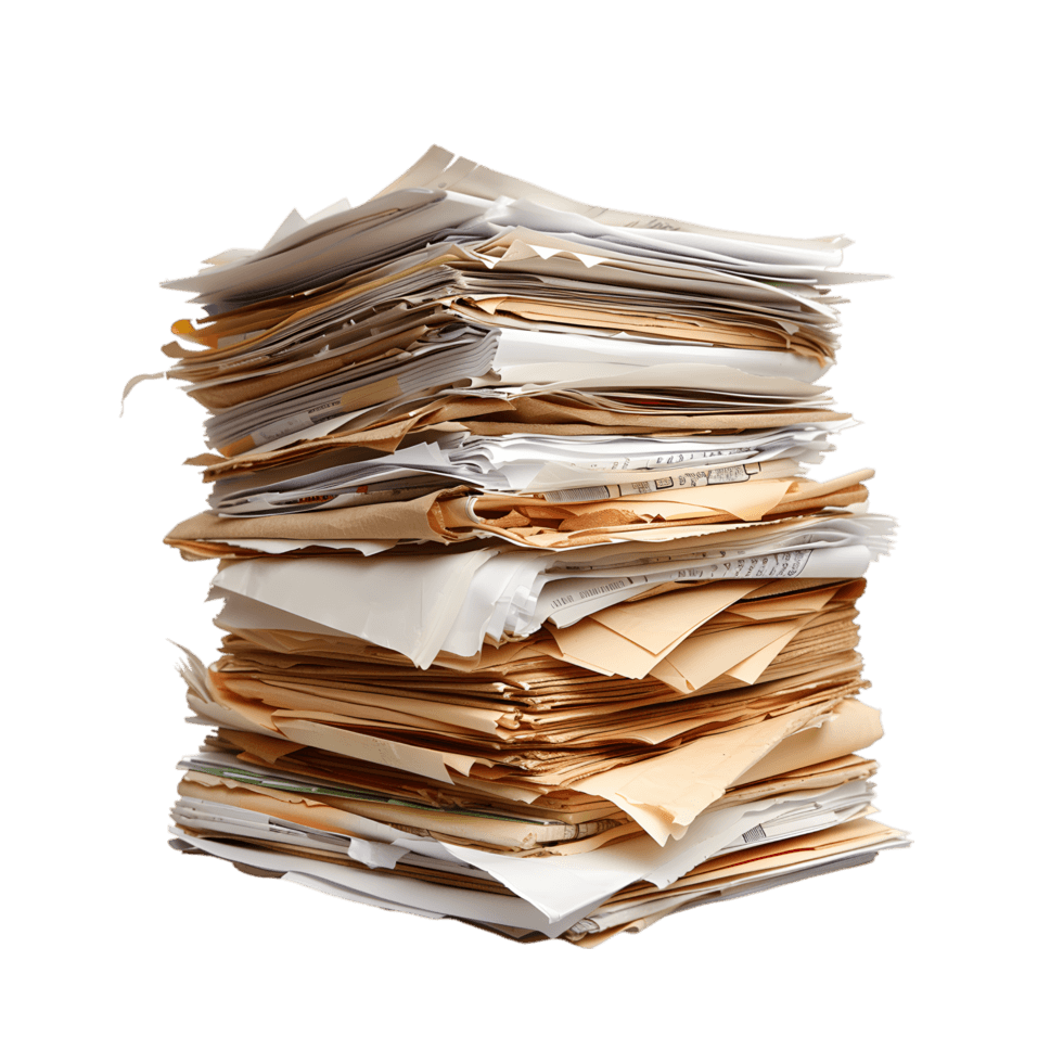 A towering, precarious stack of paperwork
